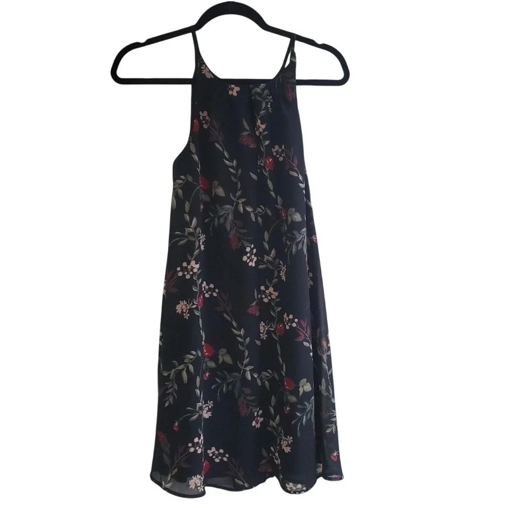 Black Rose Floral Halter Chiffon Pleated Shift Dress Size‎ Medium